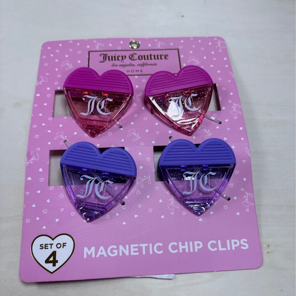 Juicy Couture Magnetic Chip Clips Set of 4 Heart Shaped Purple Pink Glitter JC